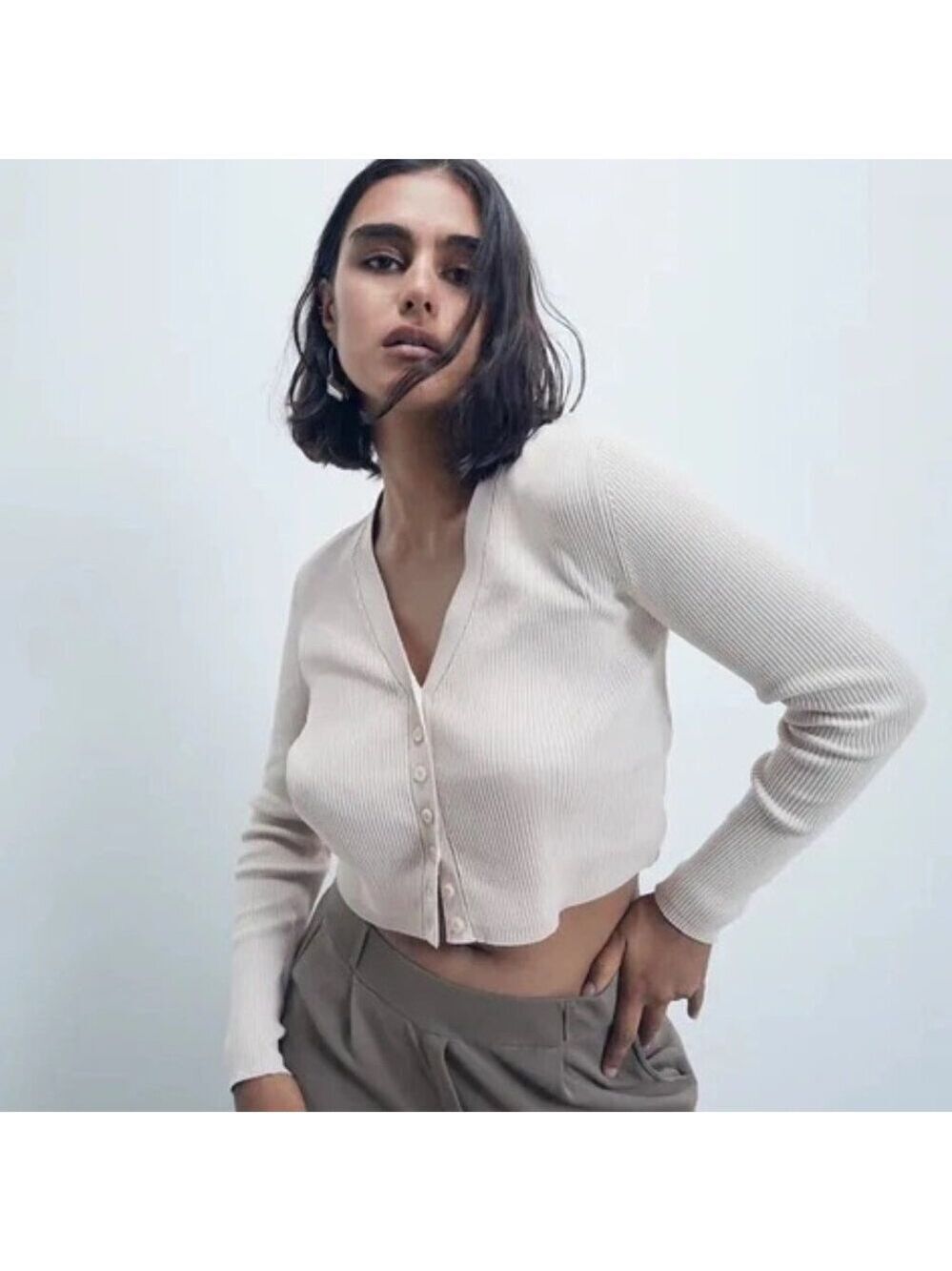 Zara Ecru Ribbed Knitted Crop Cardigan M